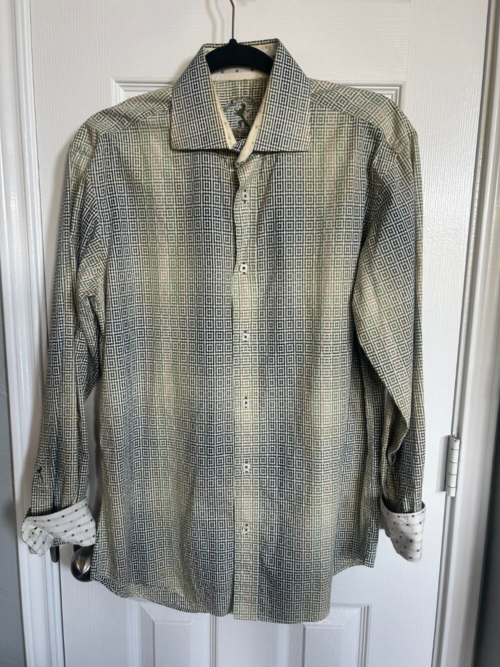 mens button down Bugatchi Uomo Mens Long Sleeve Button Down Shirt Plaid Geometri